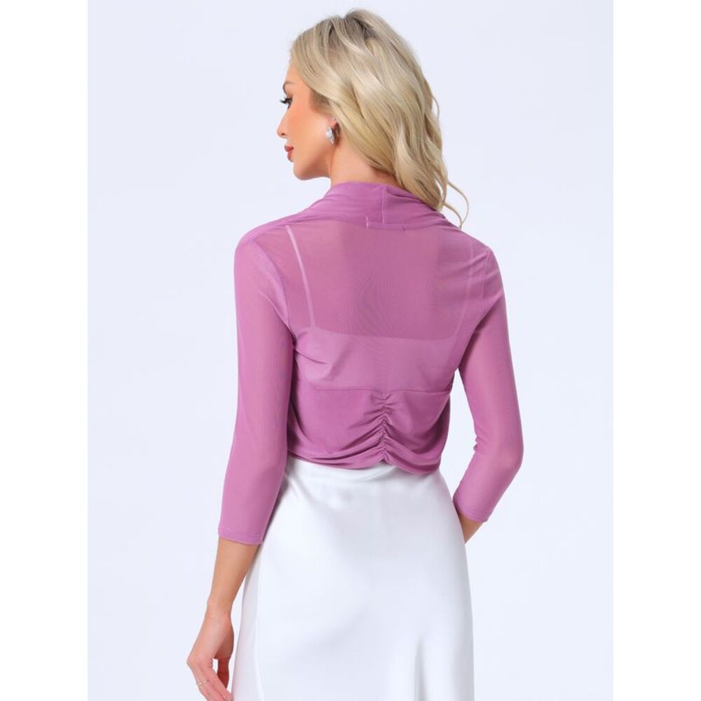 Semi Sheer Mesh 3/4 Sleeves Stretchy Tops Bolero Shrug Rose Purple - Picture 4 of 6